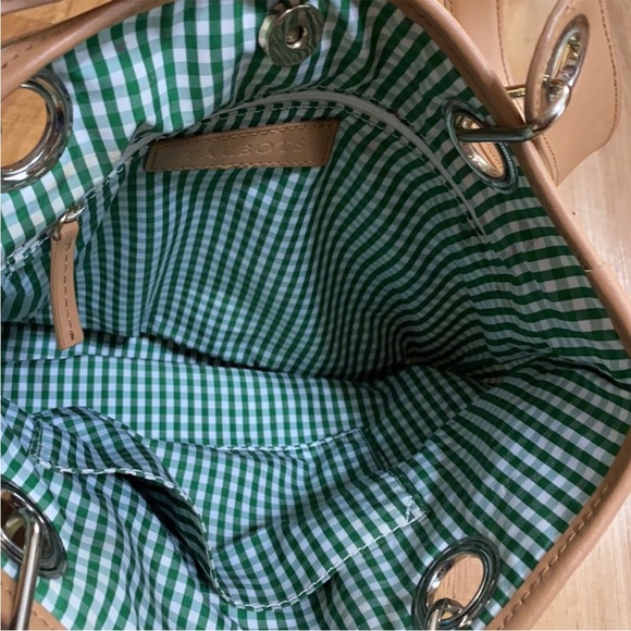 Talbots tan Straw bucket purse with green gingham check pattern fabric inside - Picture 6 of 6